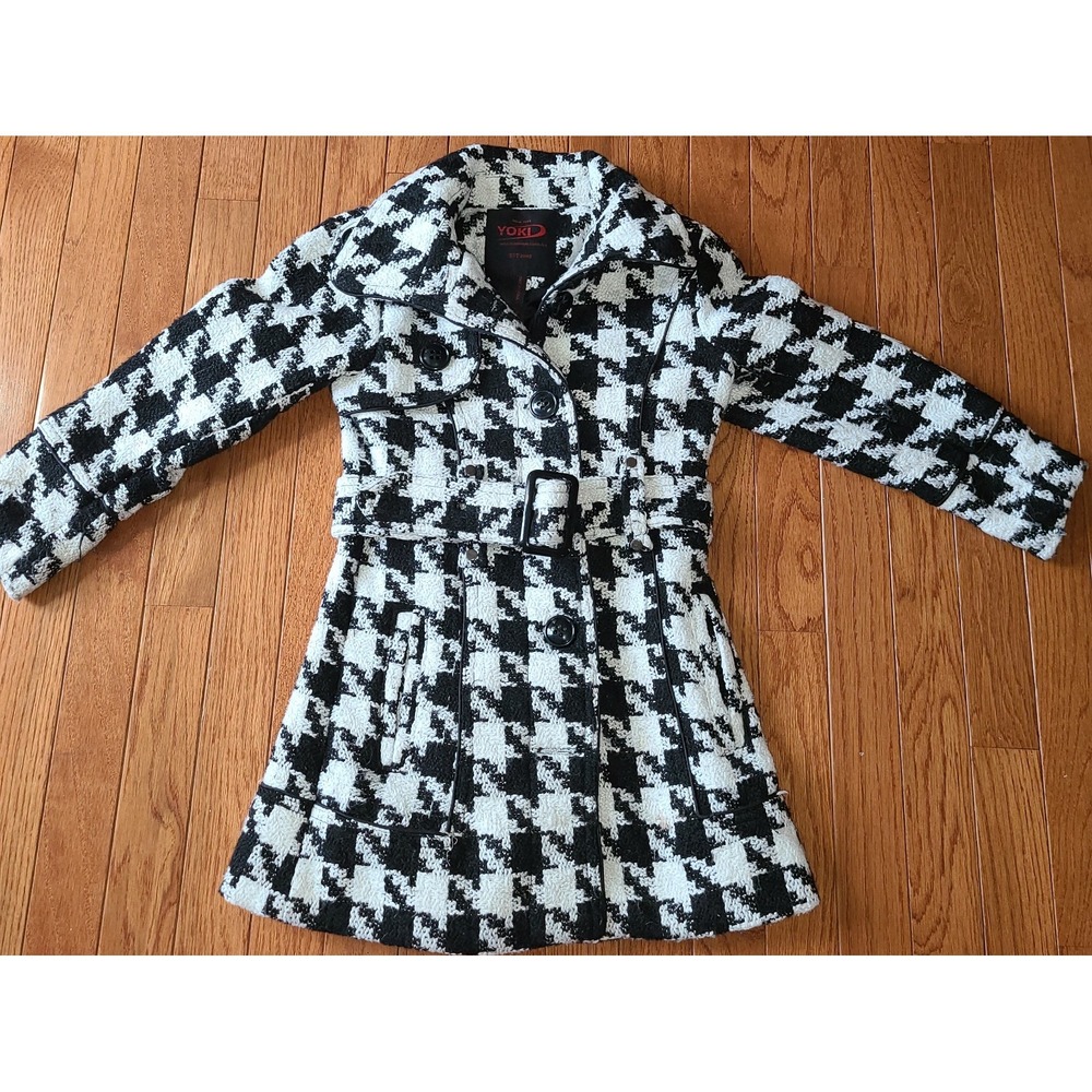 New York Yoki Girls Houndstooth Belted Jacket Coat 5-6 (M) White Black Lined